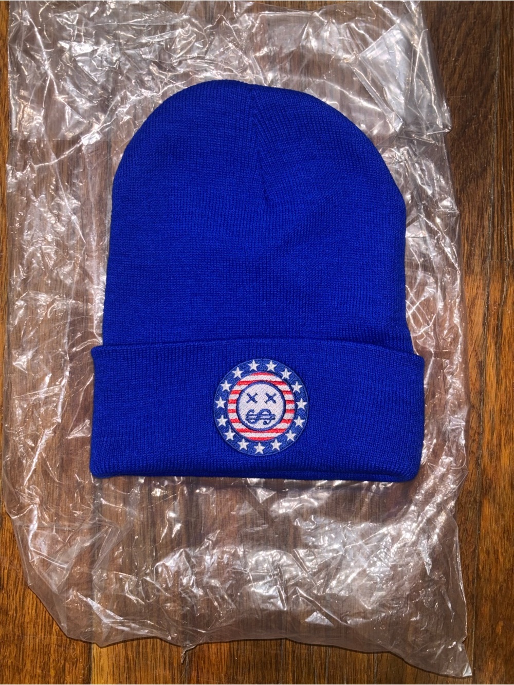 New Blue Knit Cuffed Beanie with Embroidered Patch